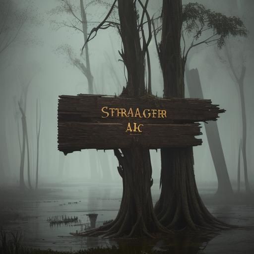 Sinister Wooden Sign in a Misty Swamp