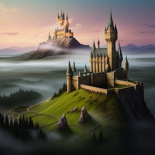 Hogwarts Castle at Dawn in Watercolor Style