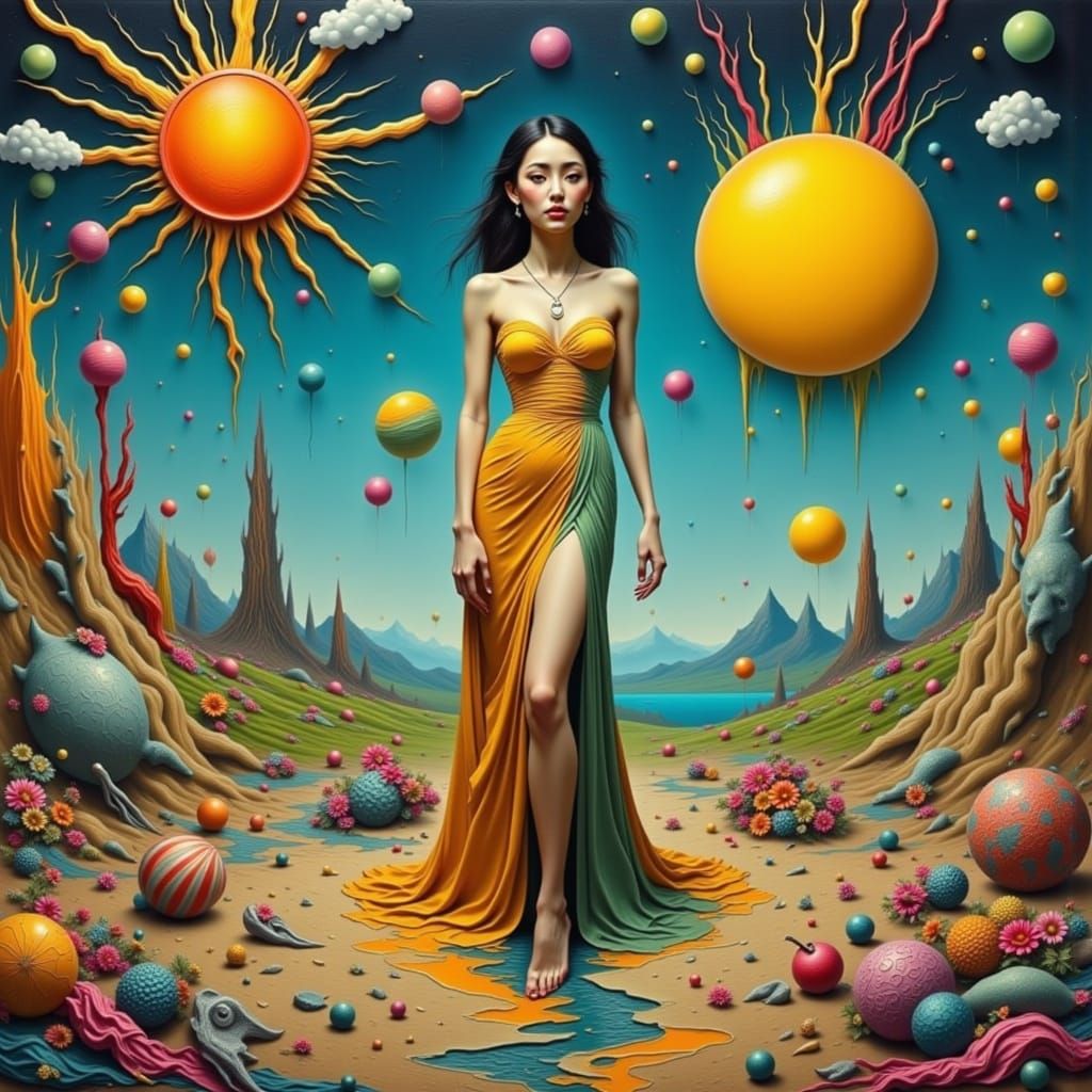 Surreal Woman in Dreamlike Landscape as Digital Art