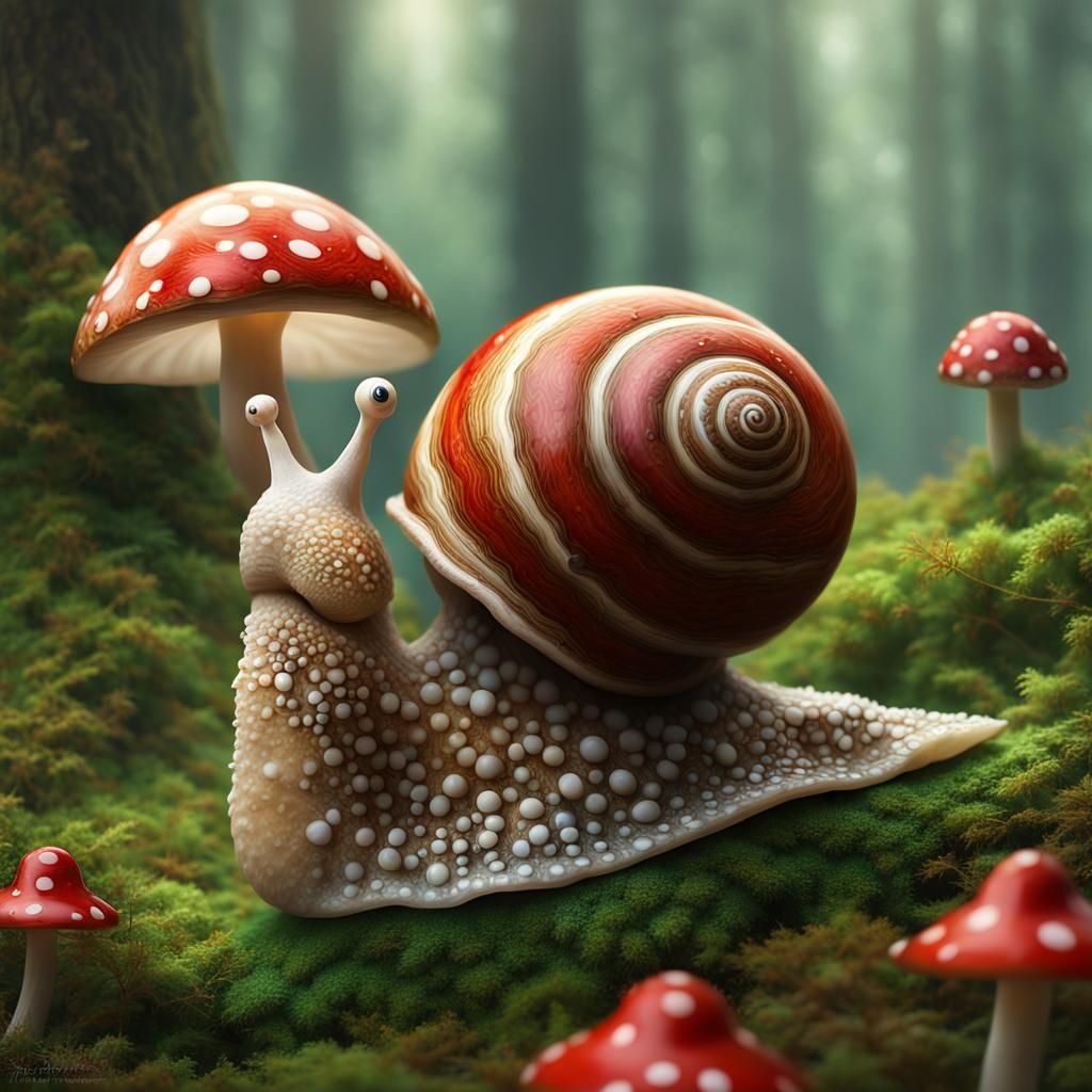 Snail on Mushroom in Forest, Digital Matte Painting