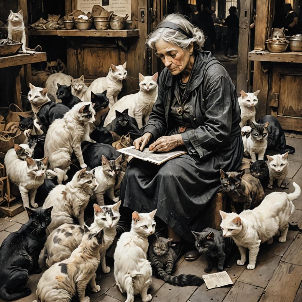 French Woman with Cats: Black and White Art