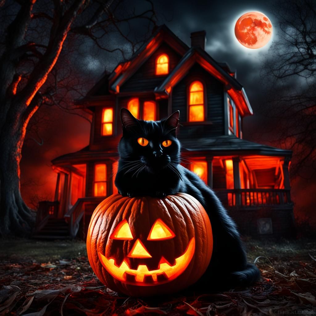 Spooky Jack O' Lantern with Red Moon and Ghosts