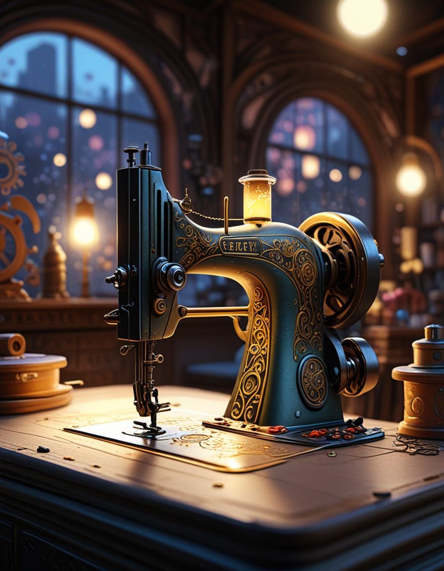 Whimsical Tiny World Inside Sewing Machine Gears