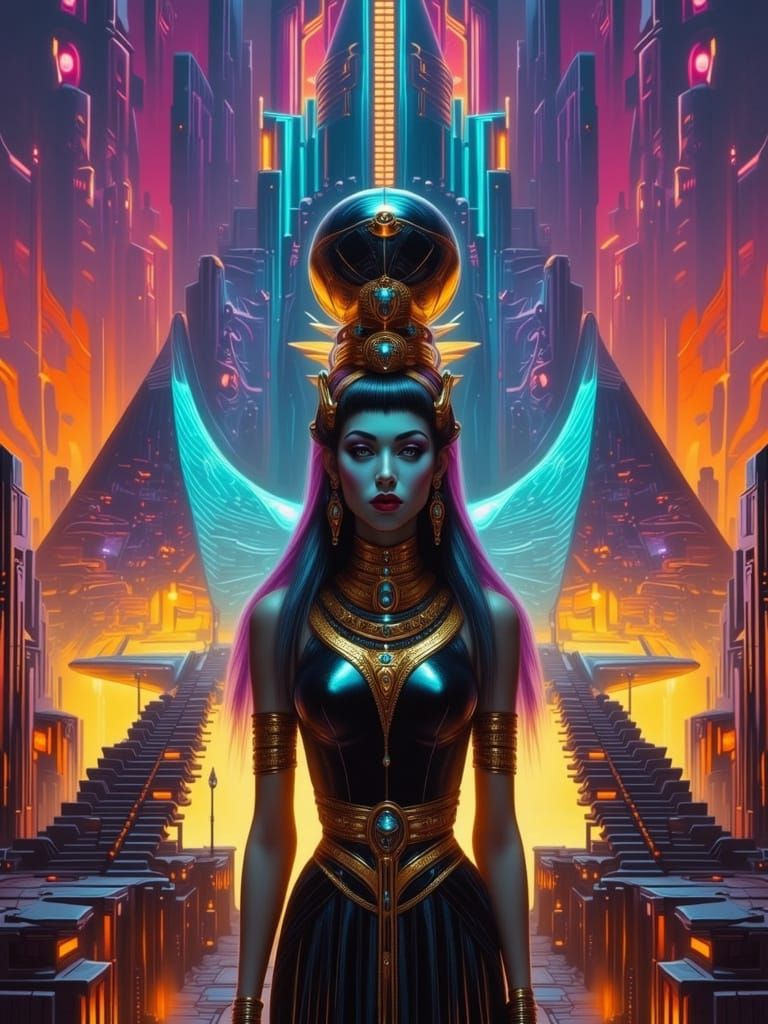 Retro-Futuristic Babylonian Woman in Neon Glow