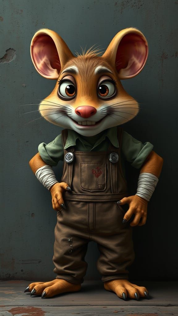 Cartoon Rat with Overalls in Dieselpunk Style