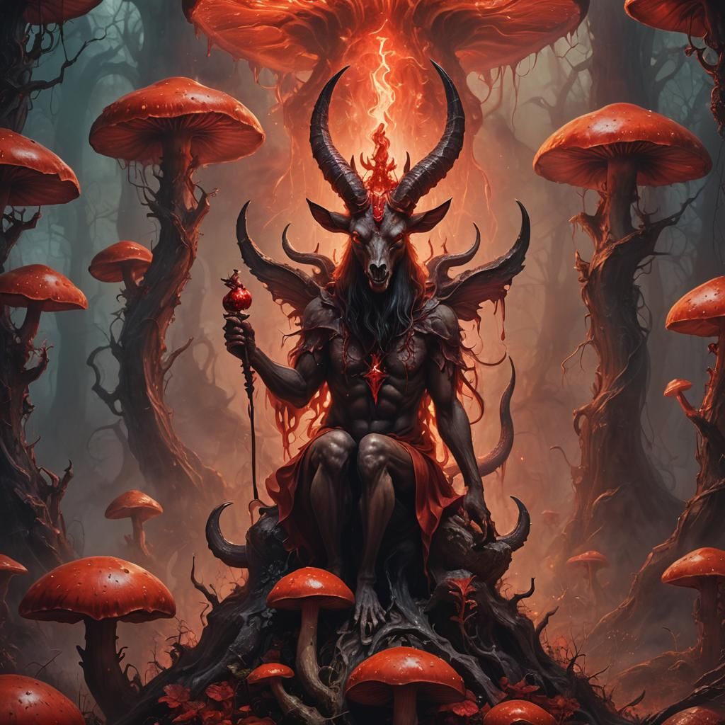 Baphomet on Luminous Mushroom: Surreal Oil Painting