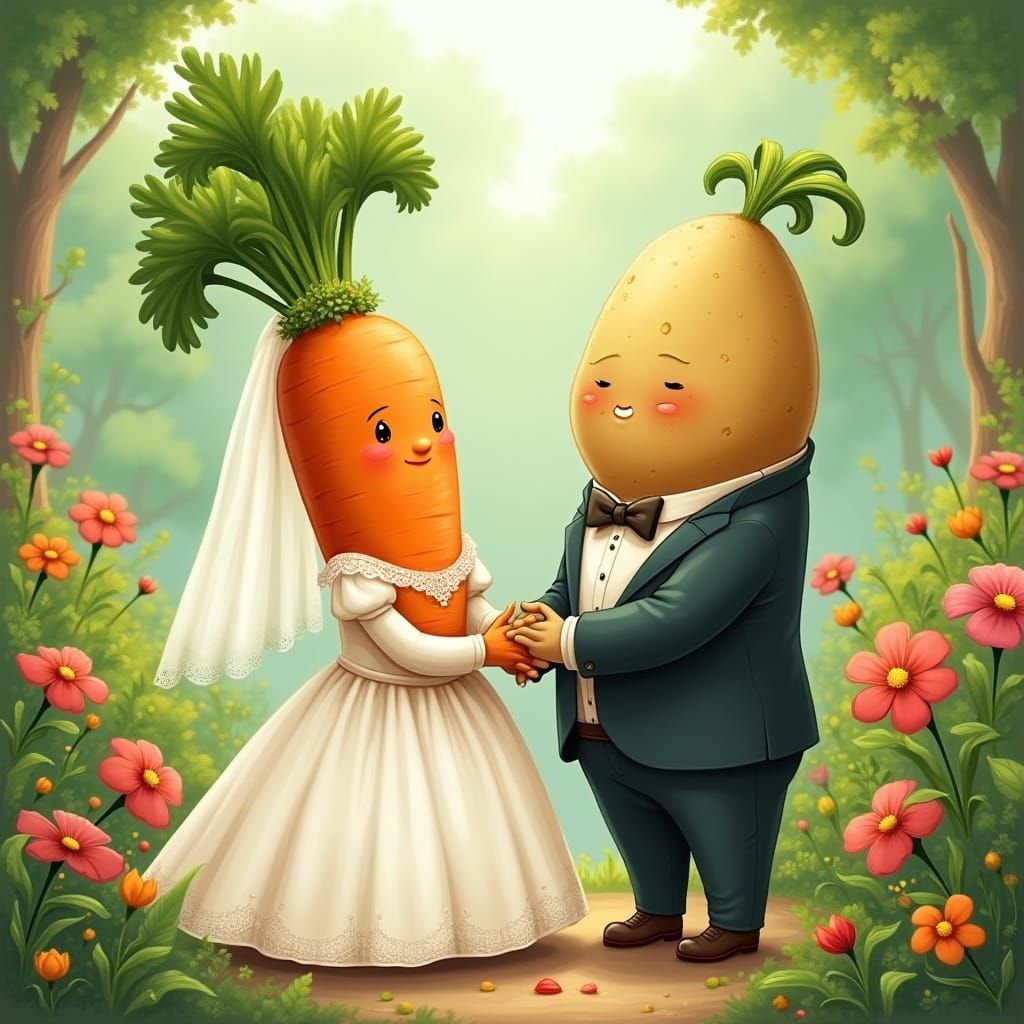 Cartoon Vegetables Wedding in Lush Garden