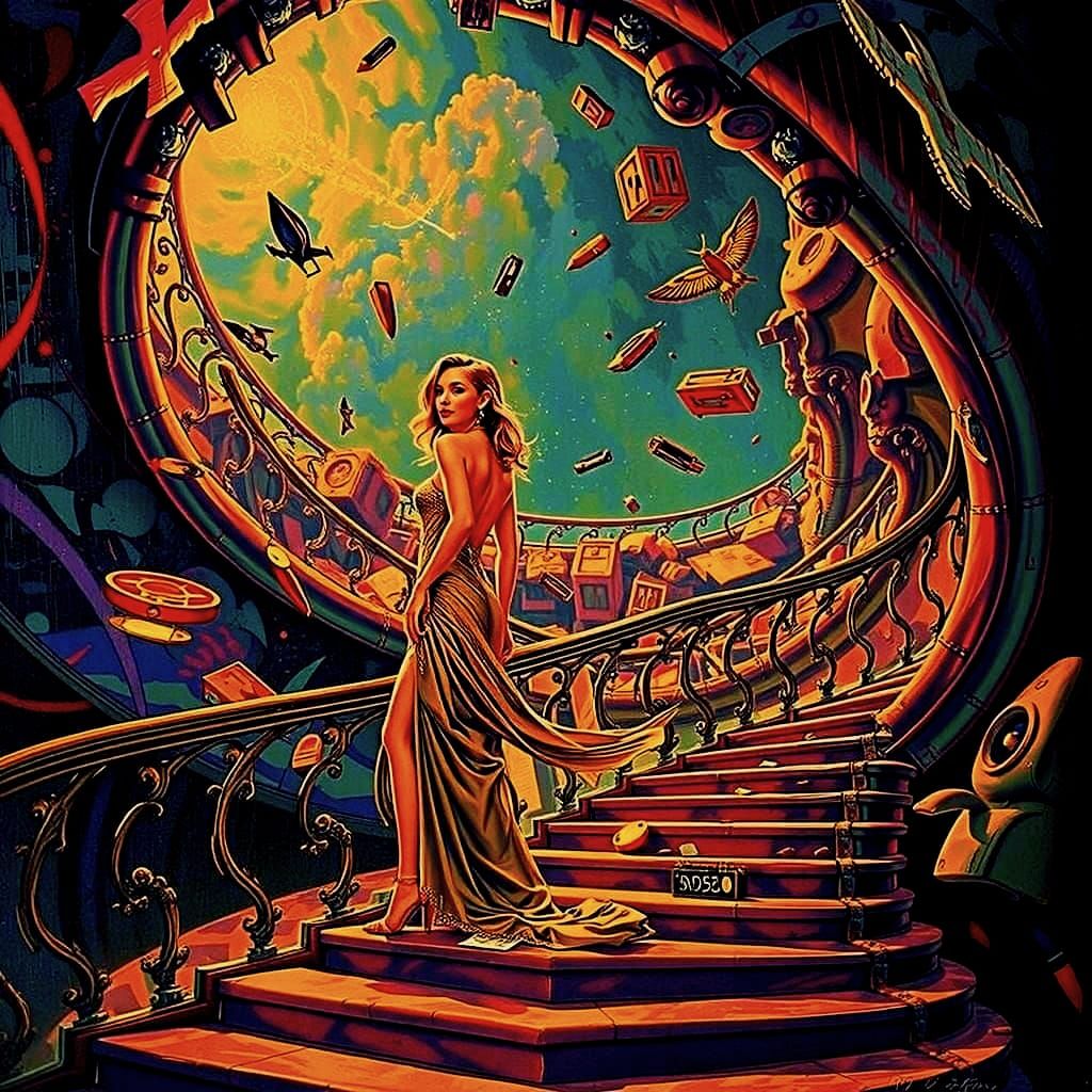 Art Deco Woman Ascending Abstract Staircase