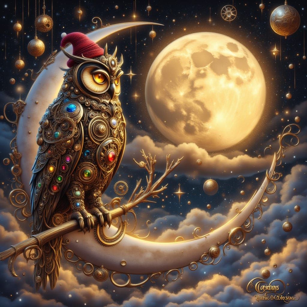 Steampunk Owl on Moon in Cloudscape