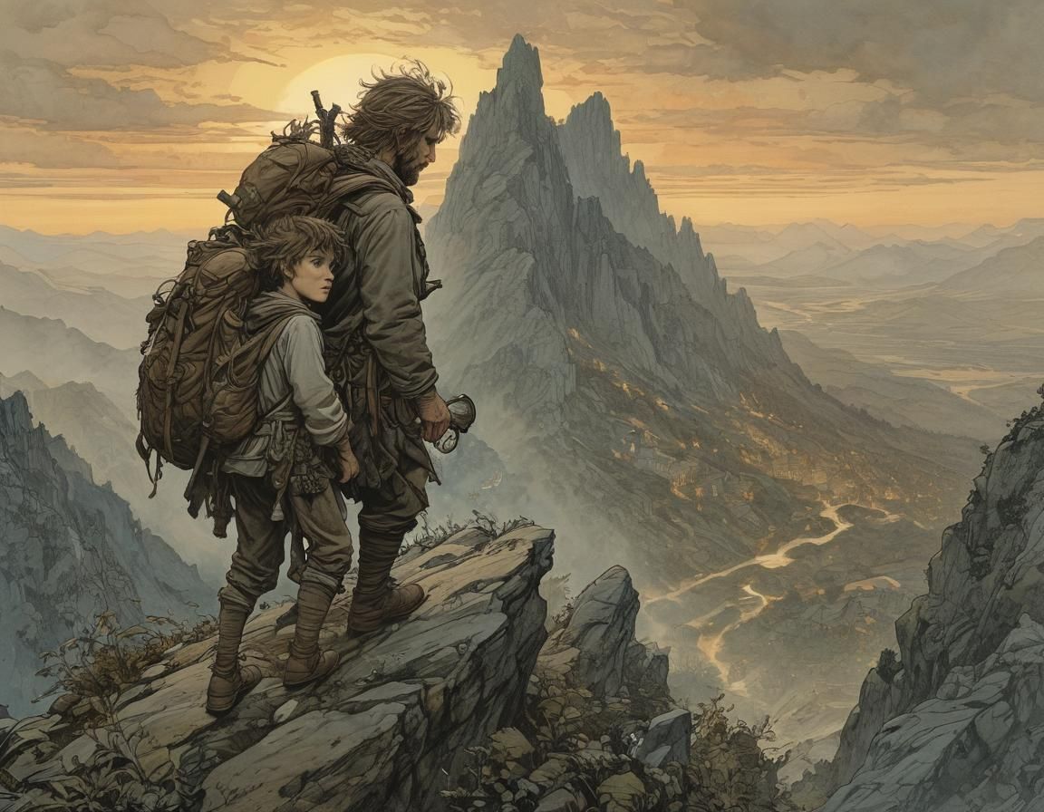 Father and Son Climb Mountain at Sunrise