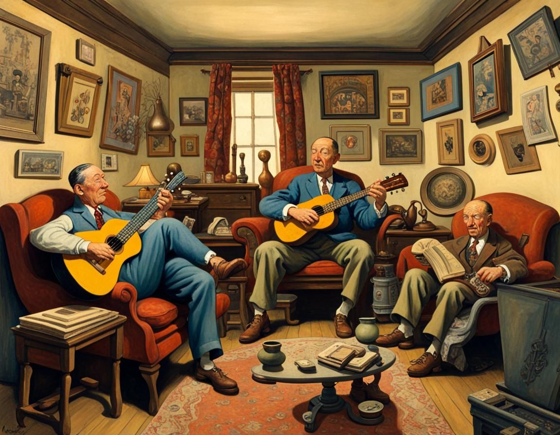 Boldheaded man in his sofa playing an ukelele. Framed paintings on the walls. Maximalist interior.