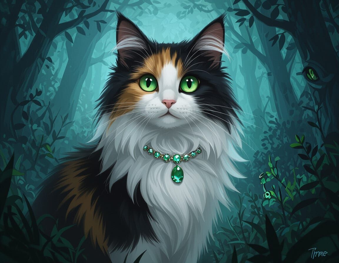 Calico Cat Explores Mysterious Forest in Digital Matte Paint...