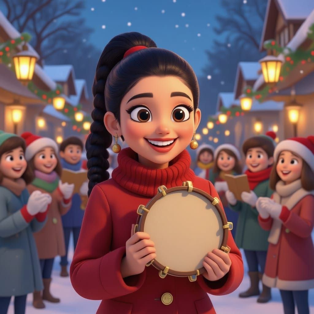Pixar Style Woman Leads Carolers with Tambourine