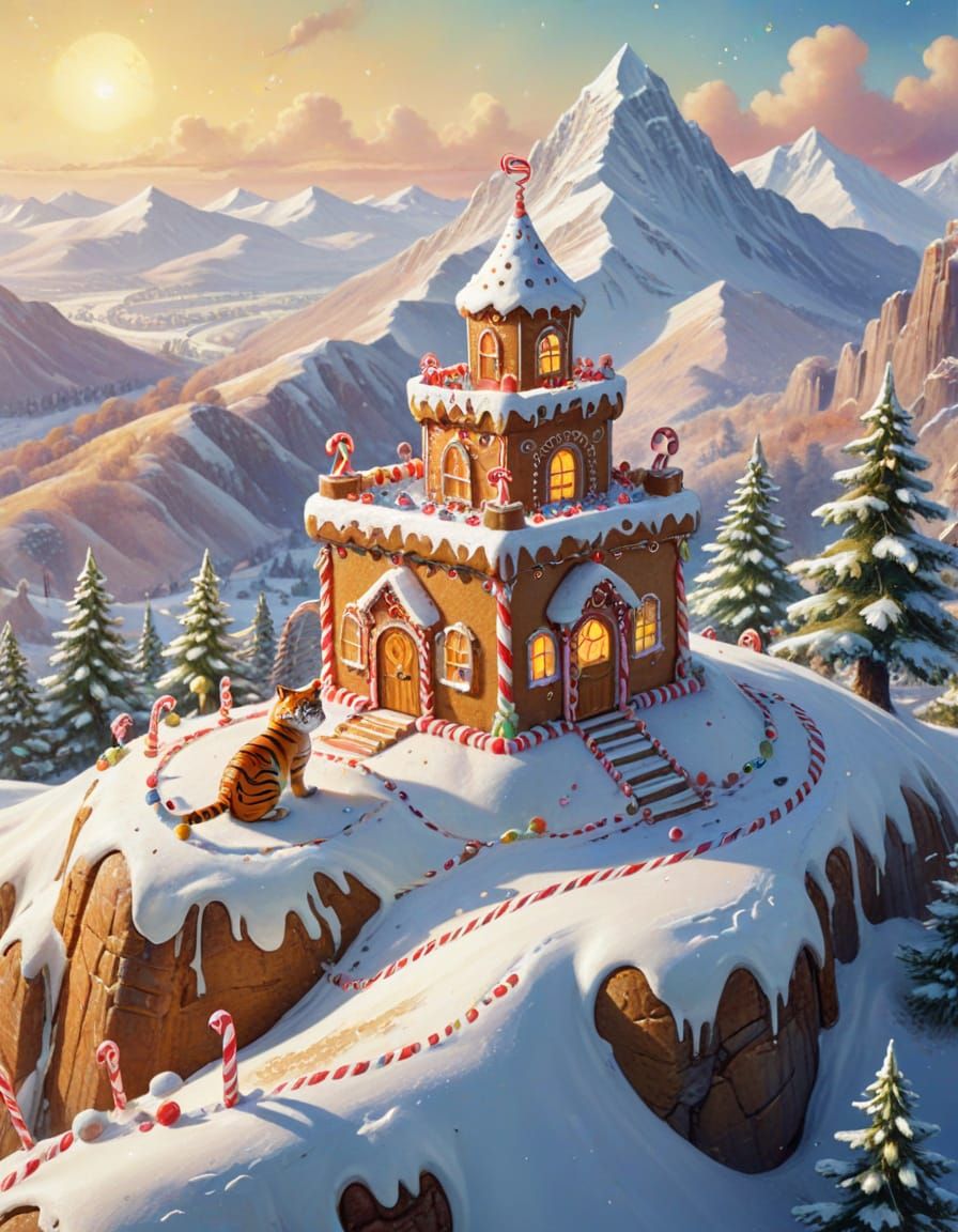 Gingerbread Tiger Guards Candy Fortress in Watercolor