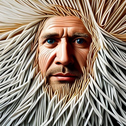 Man’s face made entirely from matchsticks with Lots claggy white glue