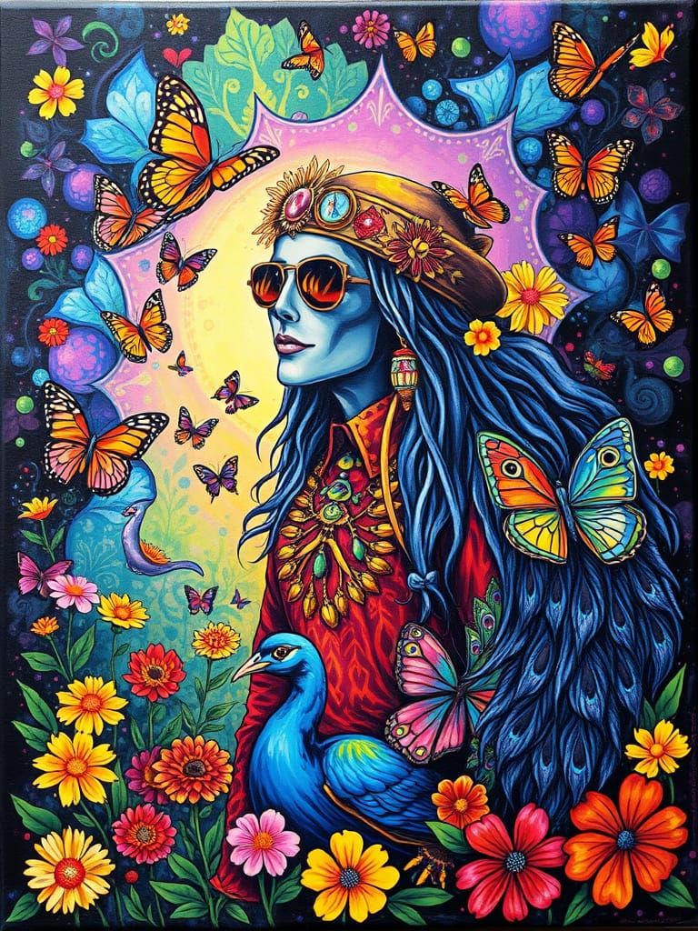 Psychedelic Hippie Scene with Butterflies and Flowers