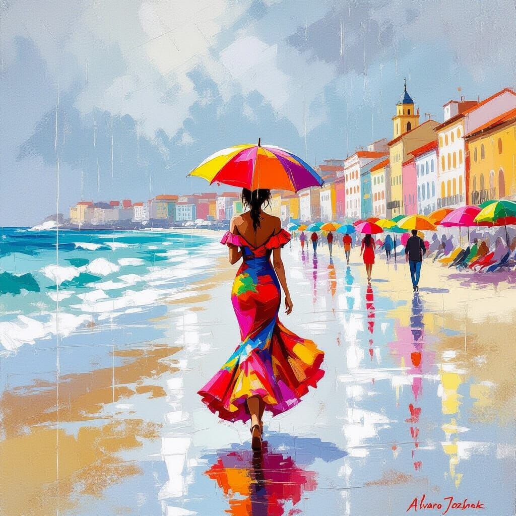 Flamenco Dancer in Rainy Cádiz Gouache Painting