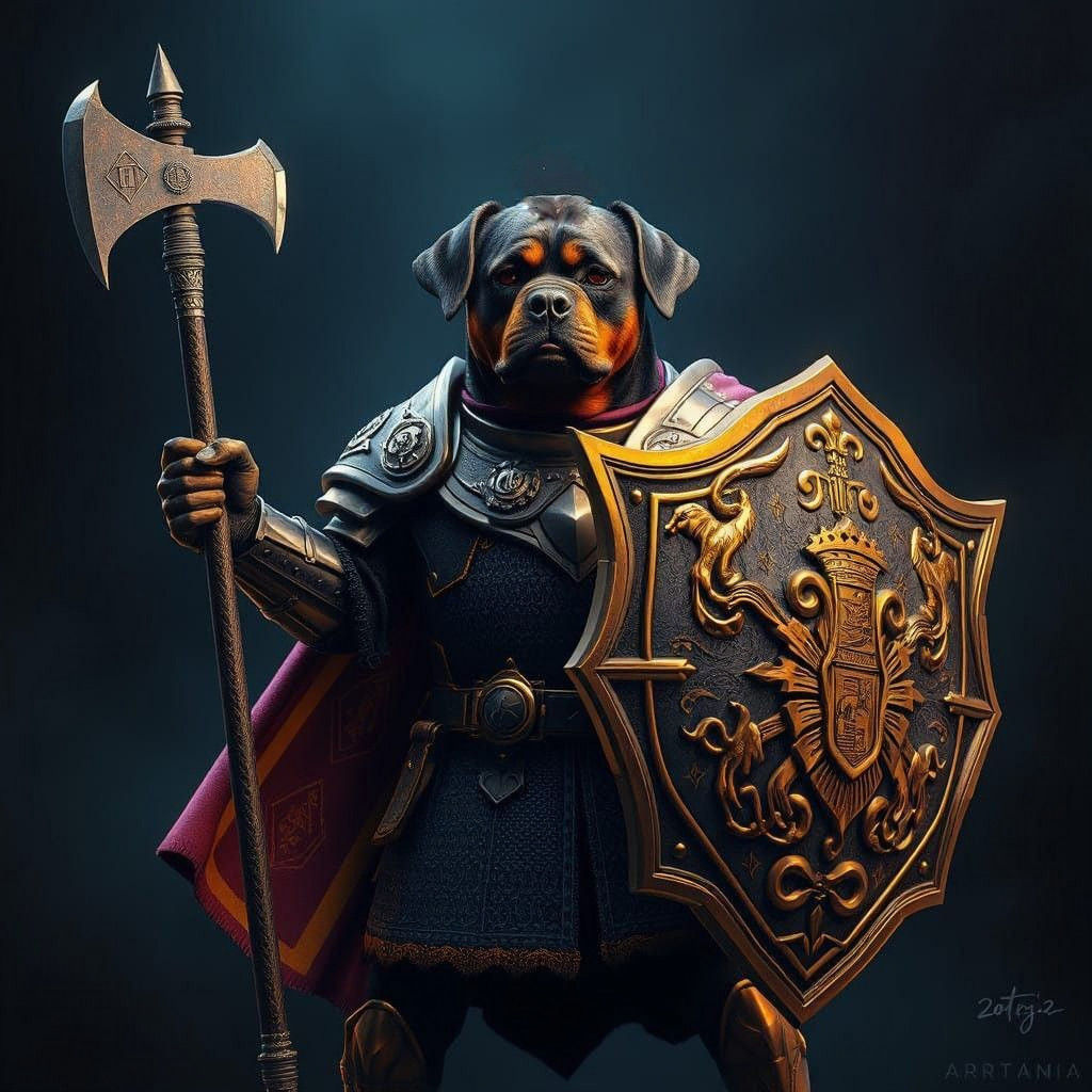 Rottweiler knight with axe and shield in other hand.