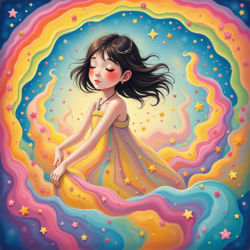 Whimsical Girl Swirls in Vibrant Rainbow