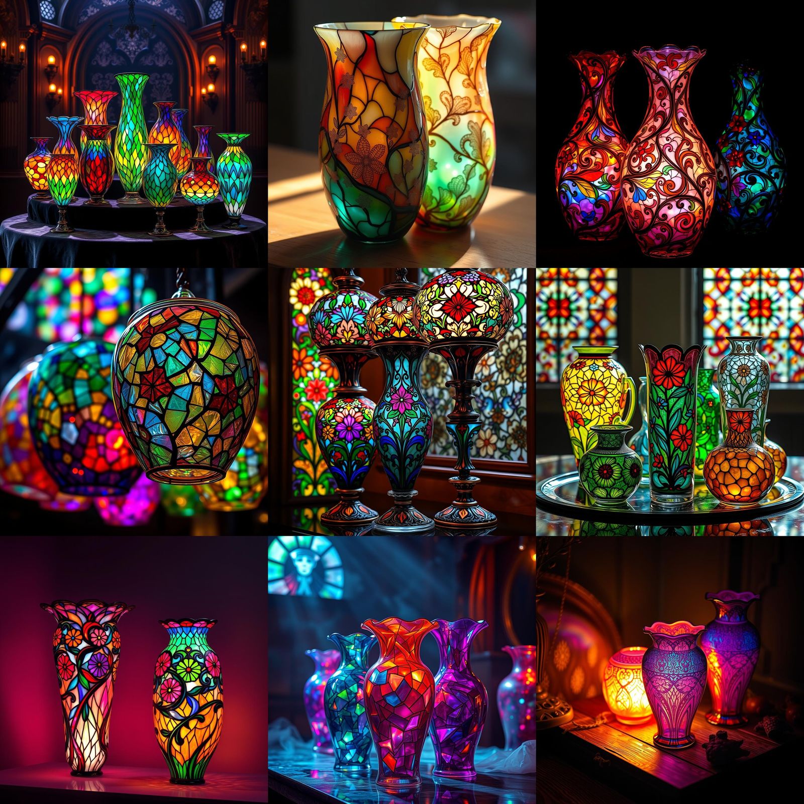 Bright Stained Glass Vases with Intricate Details