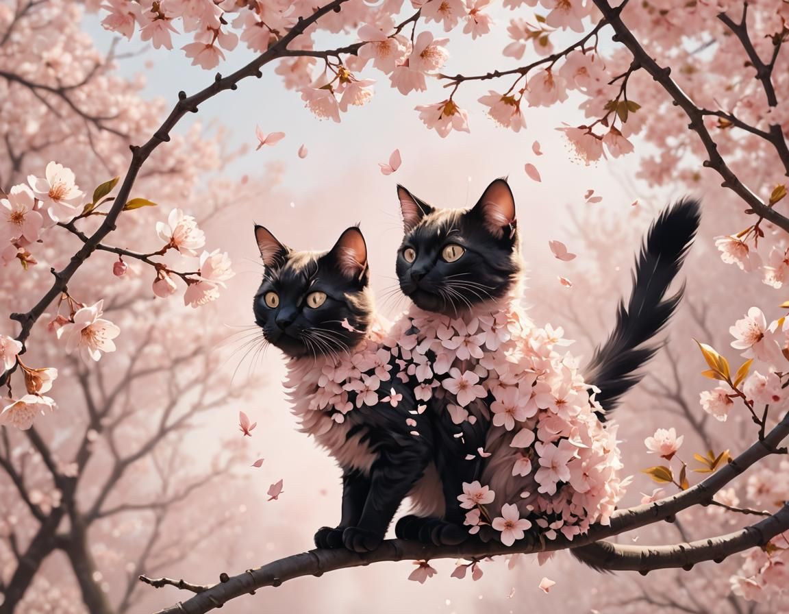 Cherry Blossom Cat in Surreal Digital Art