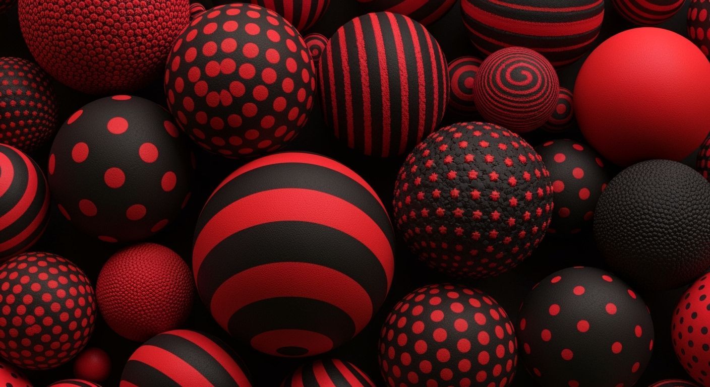 Matte Red and Black Spheres with Psychedelic Patterns