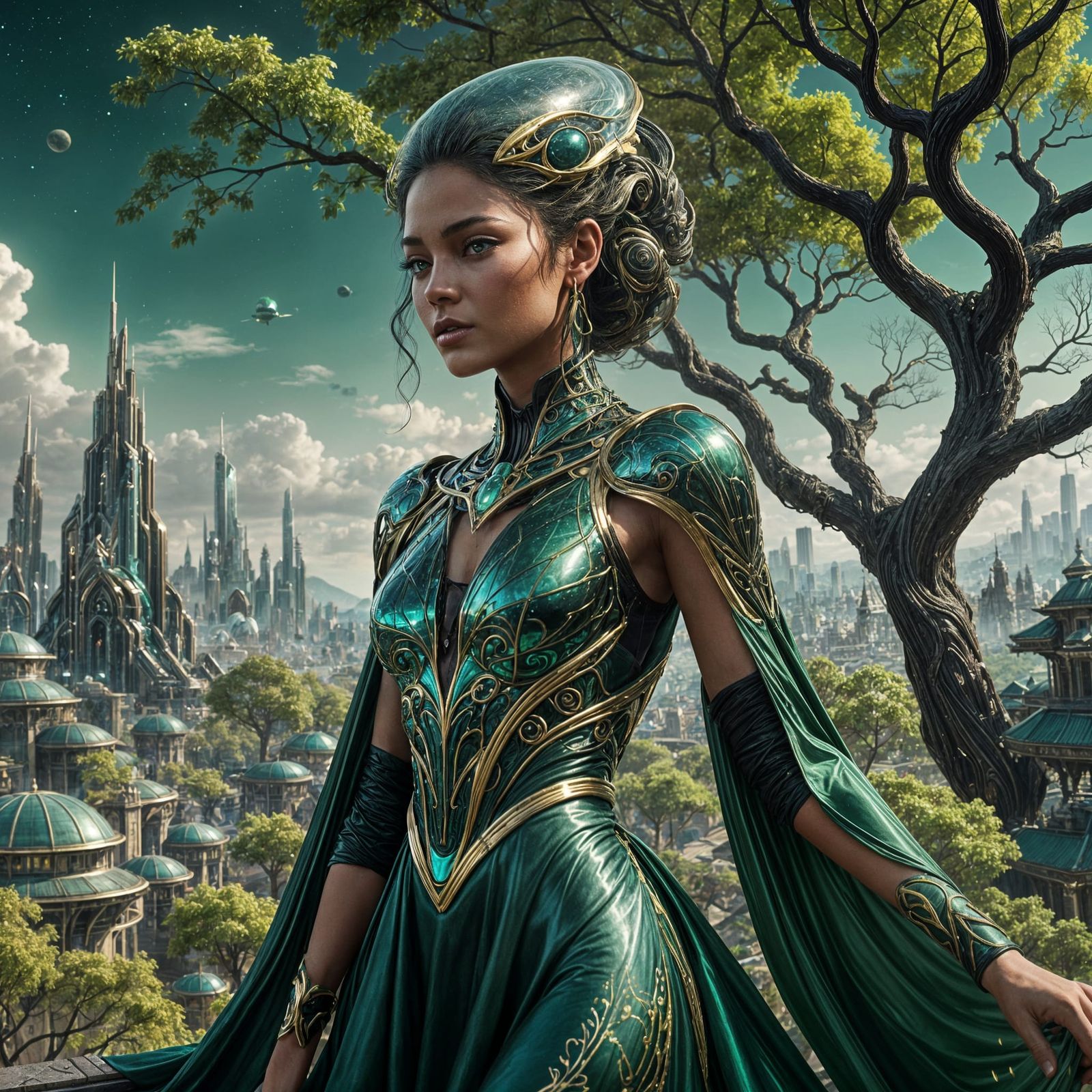 Beautiful Alien Woman in Sci-Fi Town: Fantasy Art