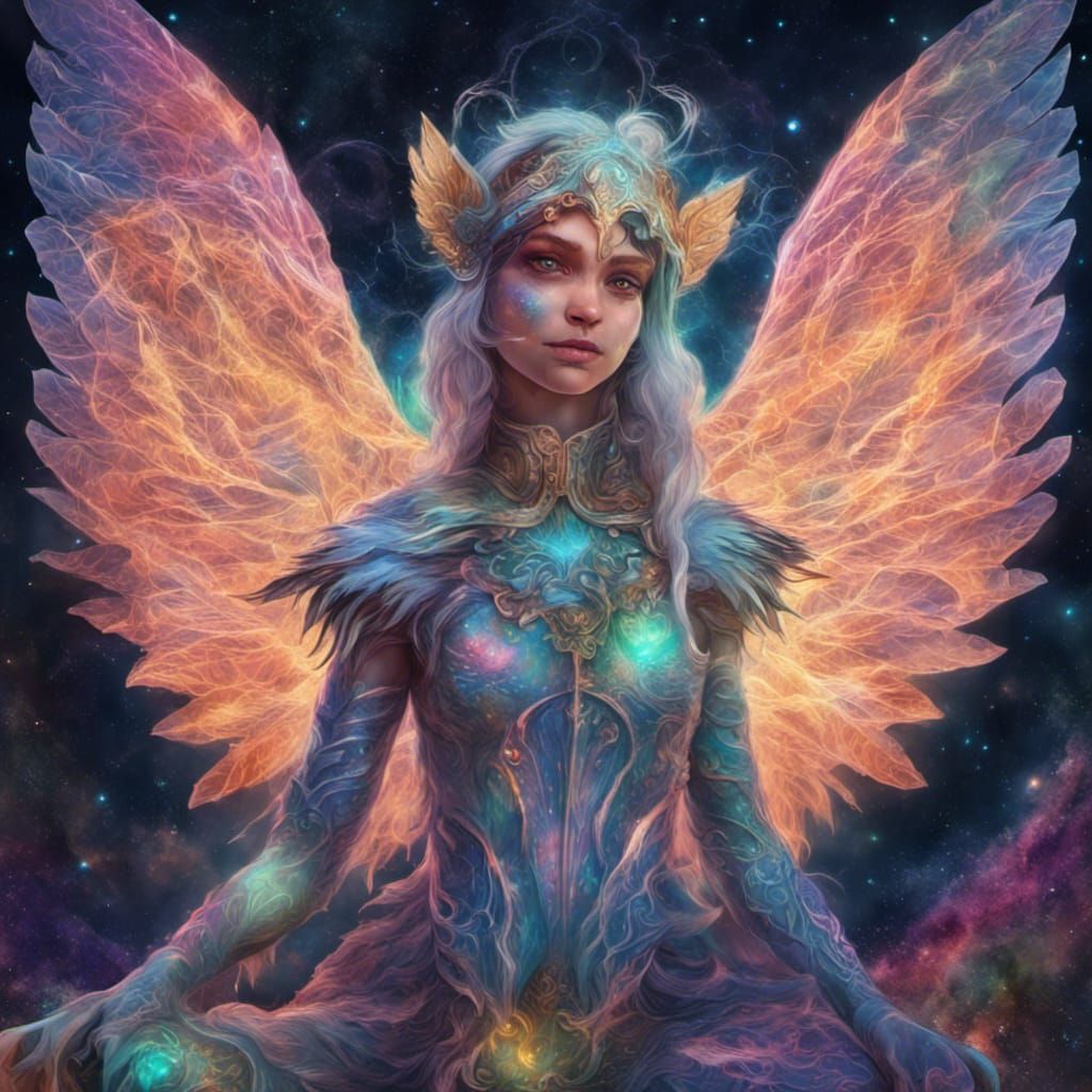Winged Elf Casting Spell: Cosmic Illustration