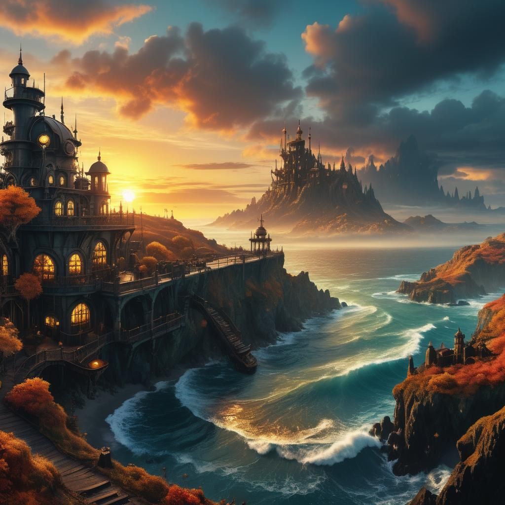 Steampunk Elf Lands: Autumn Sunset Panorama