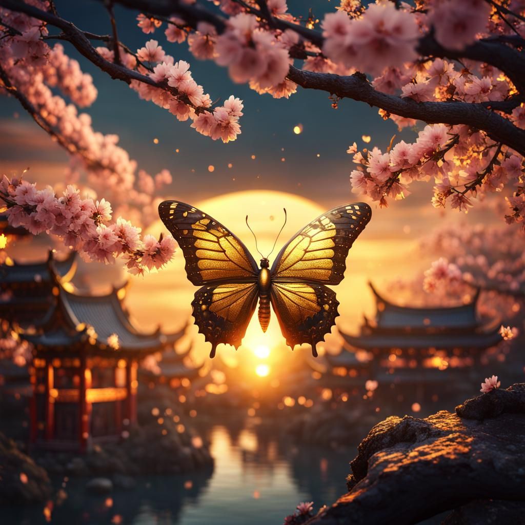 Golden Sakura Butterfly in Mystical Chinese Sunset