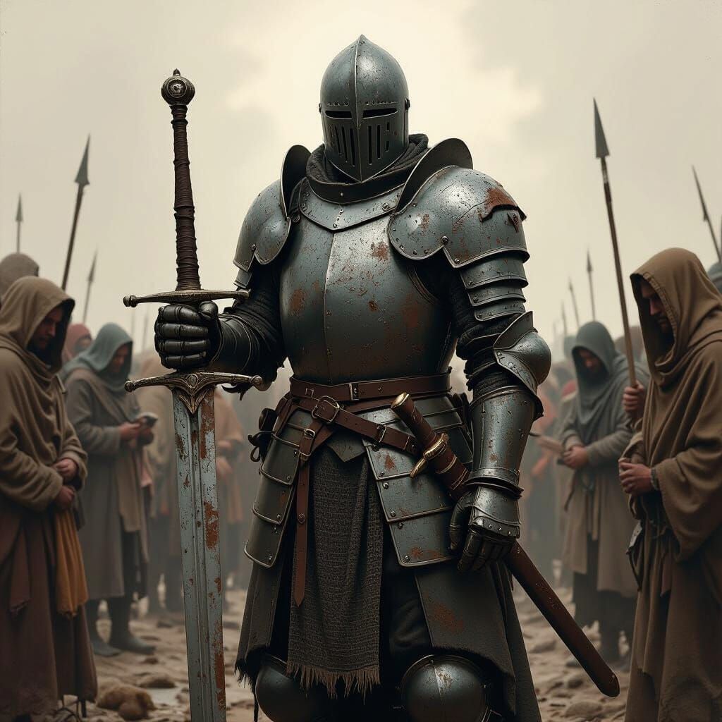 Armored Knight Among Peasants in Digital Painting Style
