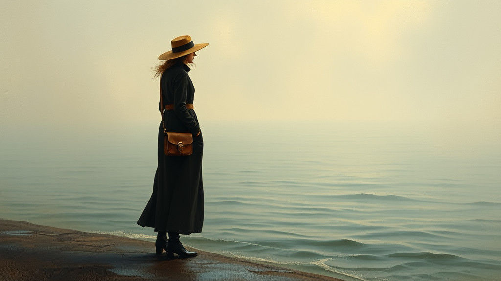 Lone Figure at Water's Edge in Vintage Mystical Painting