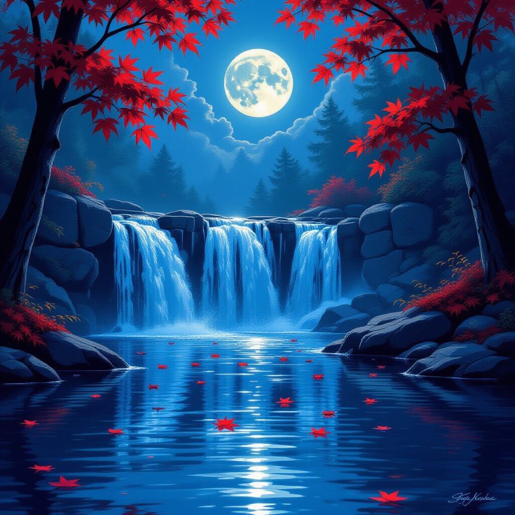 Moonlit Waterfall with Crimson Leaves in Painterly Style