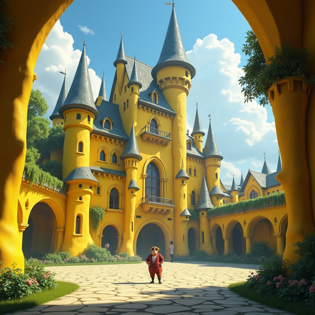 Gru at Shrek-Inspired Yellow Castle: Hyper-Realistic Art