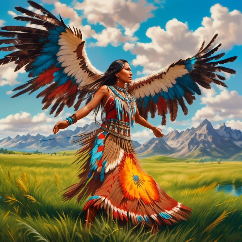 Native American Woman Dancing in Field, Hyperrealistic Art