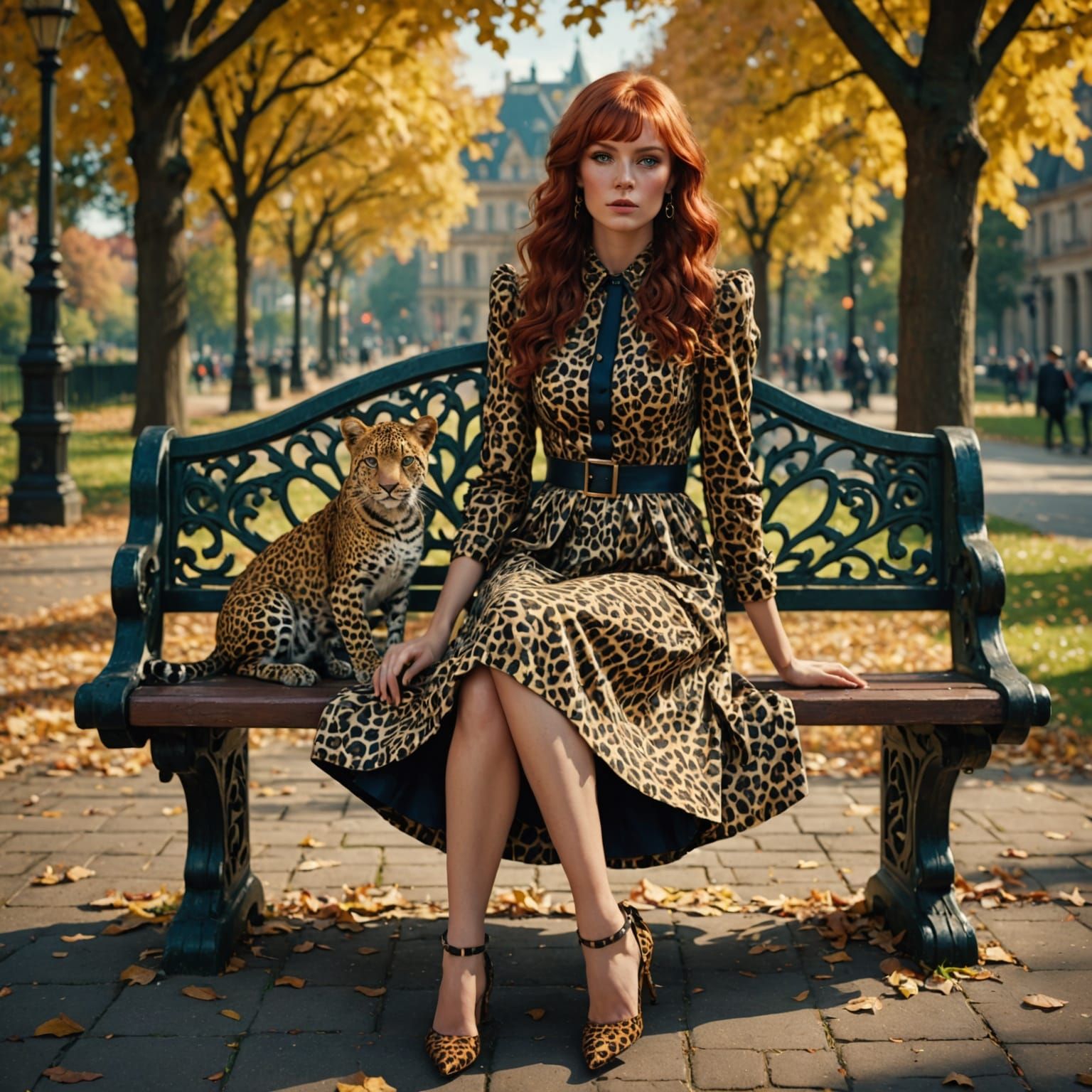 Fantastical Female Seated in a Vibrant Park Scene, Cyberpunk...