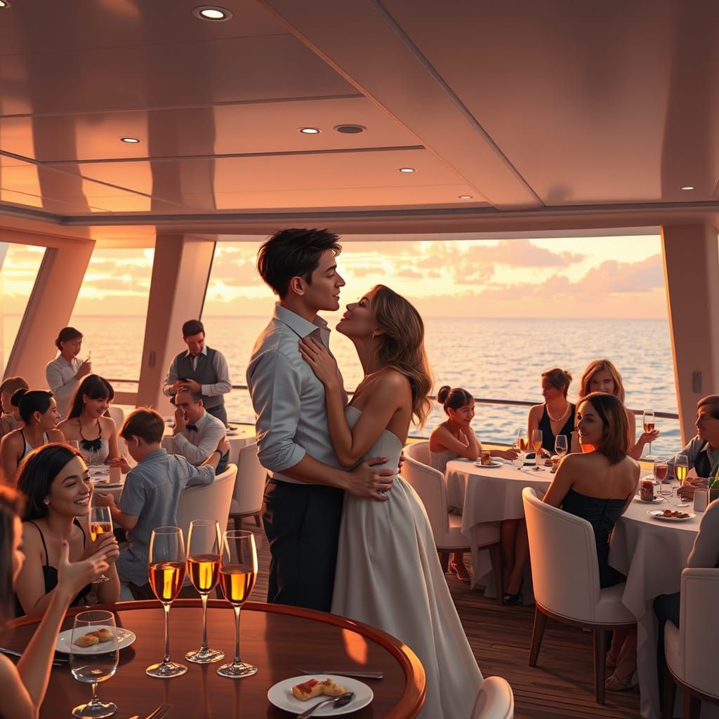 Romantic Yacht Party at Sunset in a Syd Mead Style