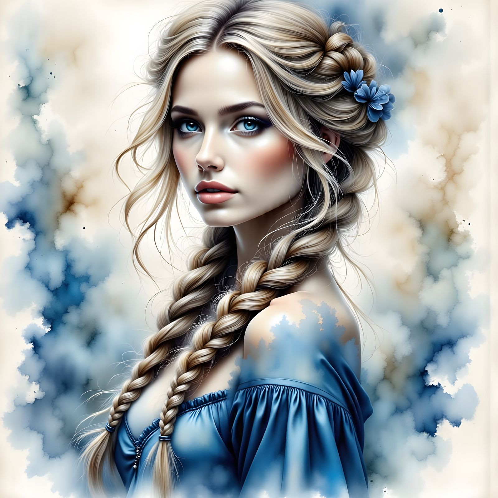 Norse Goddess Portrait in Ink and Watercolor