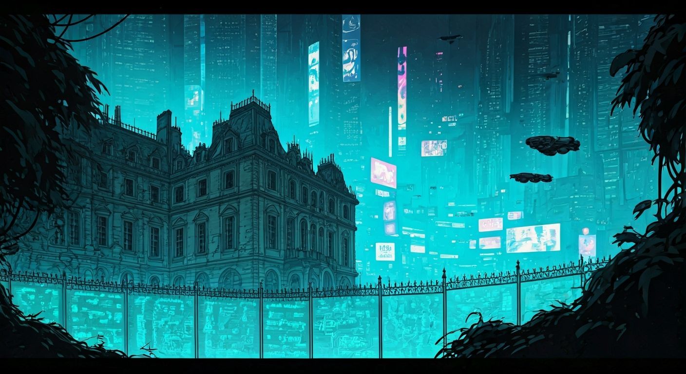 Cyberpunk Manor Overlooking Neon Cityscape