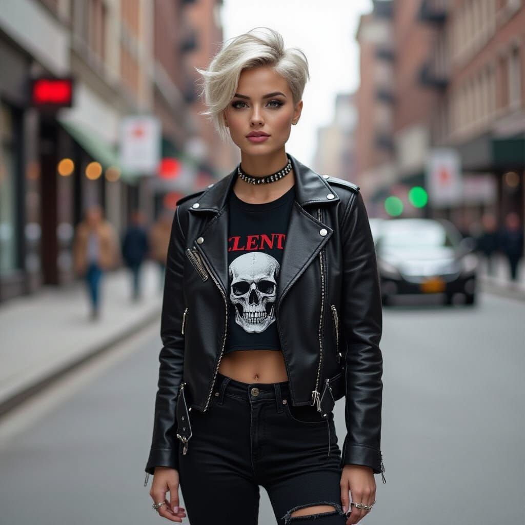 Edgy Woman in Leather Jacket, Urban Alley Setting