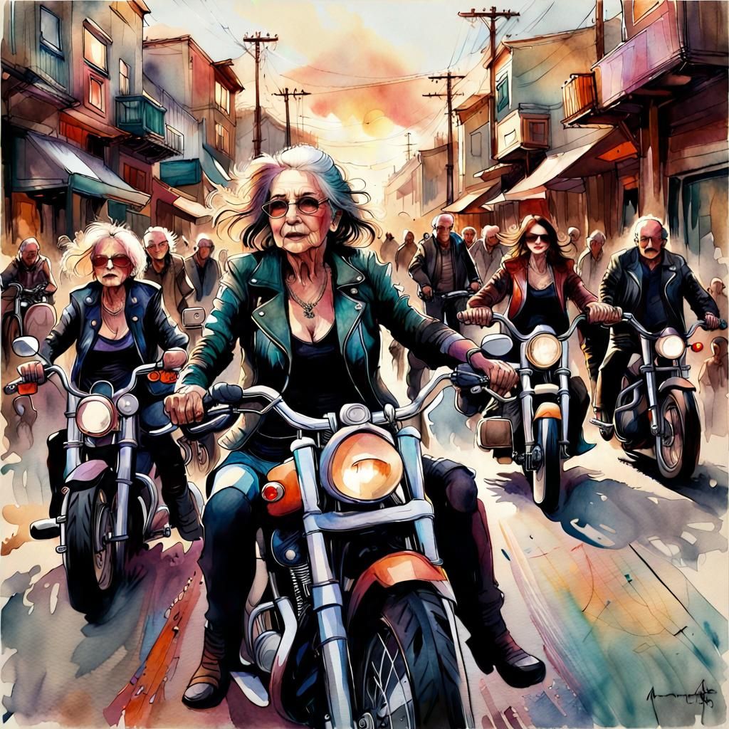 Colorful Biker Crowd at Sunset, Watercolor Art