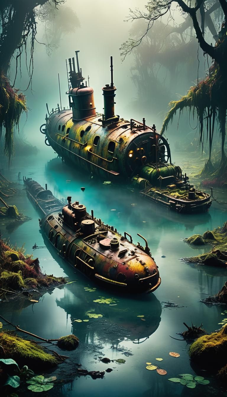 Steampunk Submarine Shipwreck in Misty Swamp
