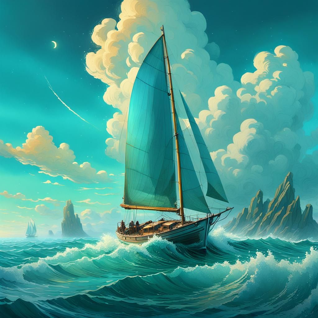 Sailboat Glides on Turquoise Waves in Digital Art
