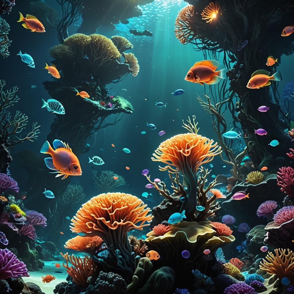 Bioluminescent Tropical Fish in Dark Fantasy Coral Reef