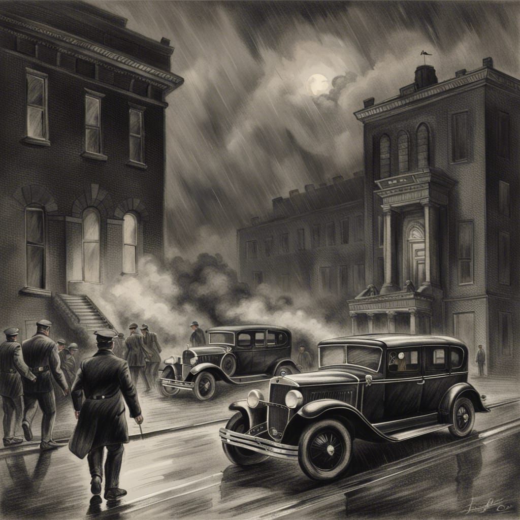 1930s Town Shooting: Hyperdetailed Charcoal Drawing