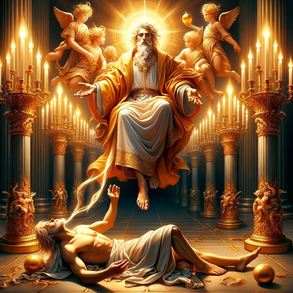 Surreal Scene of Regal Son of Man with Seven Lampstands