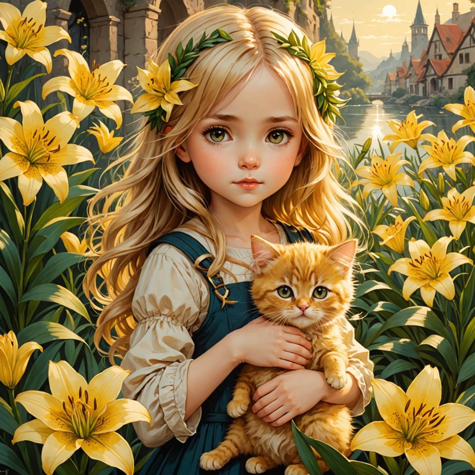 Surreal Chibi Girl Admires Golden Kitten Among Lilies in Sun...