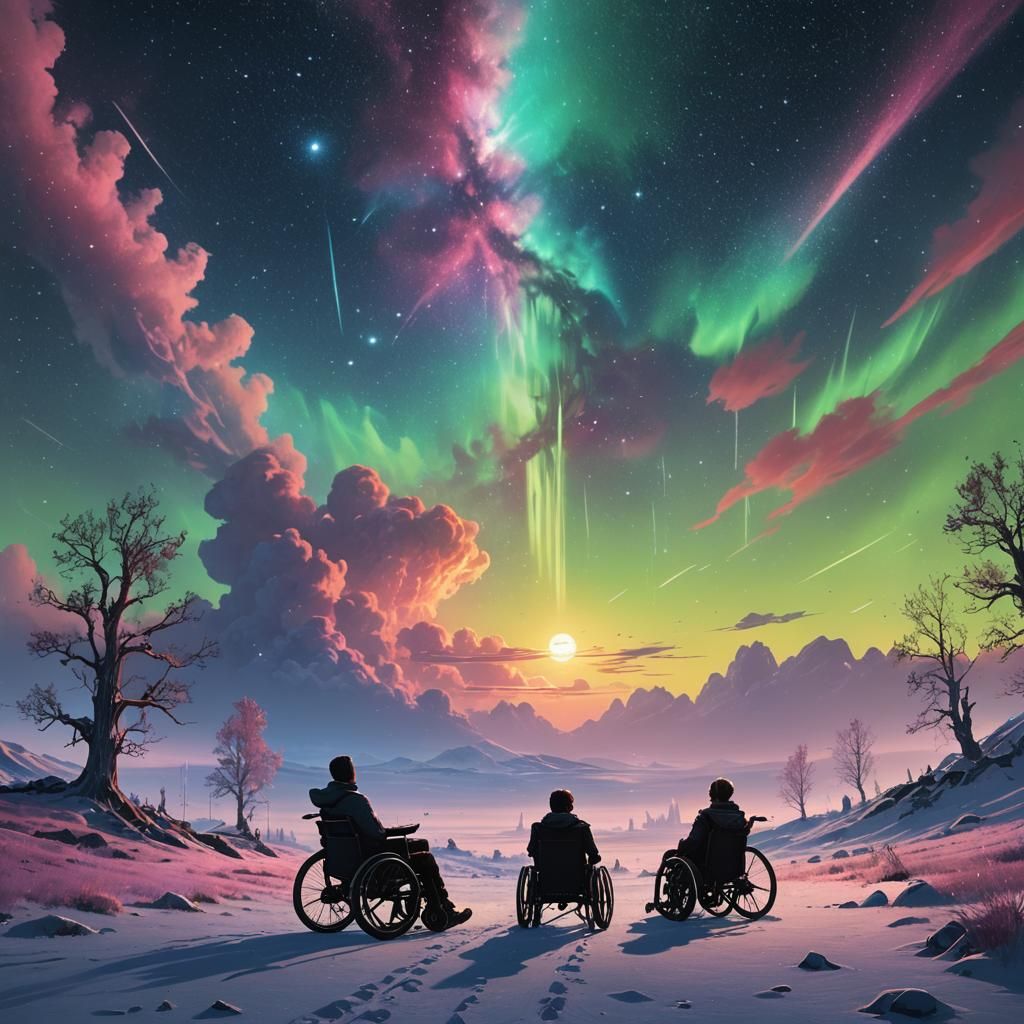 Person in Wheelchair Gazing at Starry Sky in Digital Art
