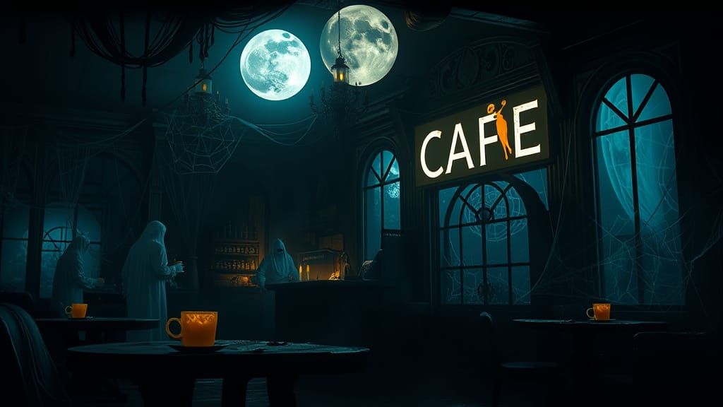 Spooky Abandoned Coffeehouse Bathed in Moonlight