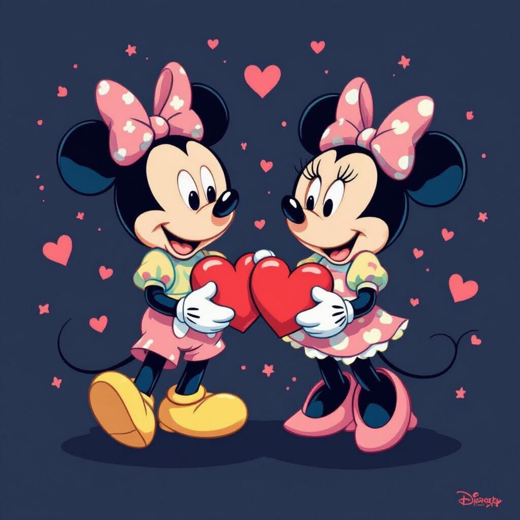 Mickey and Minnie Holding Hearts in Kawaii Style